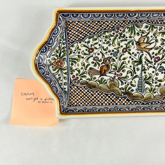 Ceramicas De Coimbra Portugal Hand Painted Rectangular Serving Tray Birds Floral - Picture 9 of 9